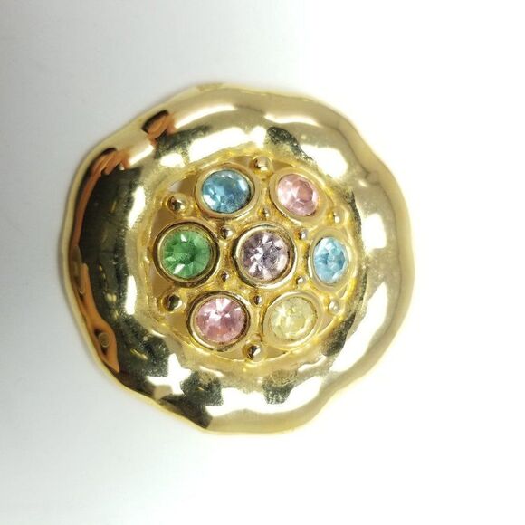 Vintage Gold Tone and Pastel Rainbow Rhinestone Brooch, Unique Retro Shape, 80s - Picture 5 of 6
